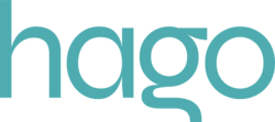 Logo with the large letters H A G O in cyan 