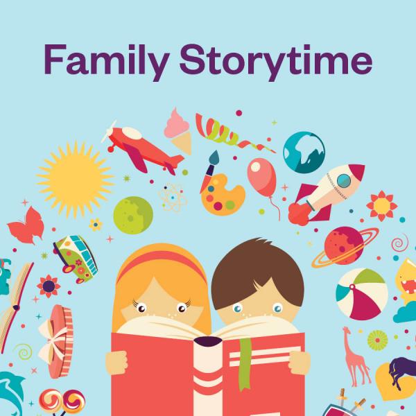 family storytime icon depicting 2 kids reading a story together and a wide range of things they could be reading about arching over their heads - it includes a rocketship, a giraffe, ice cream and more imaginative icons.