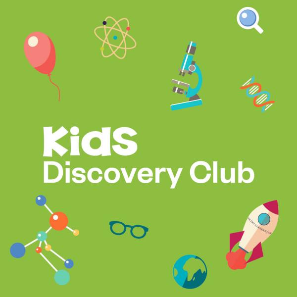 kids discovery club icon depicting science imagery such as an atom, microscope, DNA and a rocketship