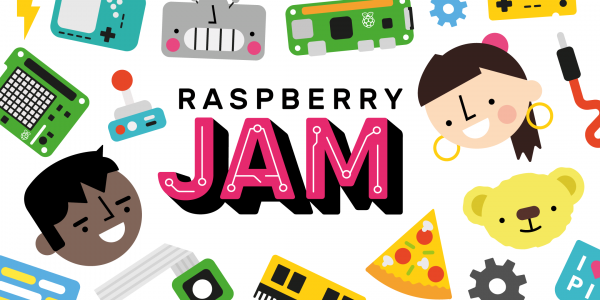 Raspberry Pi Jam text surrounded by cartoon images of circuit boards, jump wires, pizza, senseHat, and a Raspberry Pi computer. Two floating faces of a young girl with brown hair in a pony tail and light skin, and a young boy with short black hair and lig